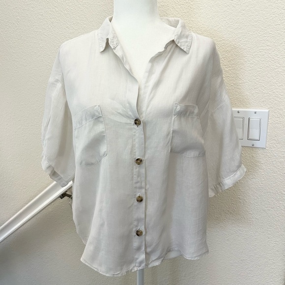 $183 Velvet BY GRAHAM SPENCER Maria Linen ButtonUp Shirt S Oversized color Chalk - Picture 4 of 11
